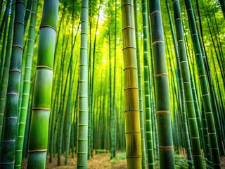 Fototapeta premium Lush Green Bamboo Trees Standing Tall in Vibrant Forest with Softly Blurred Natural Background