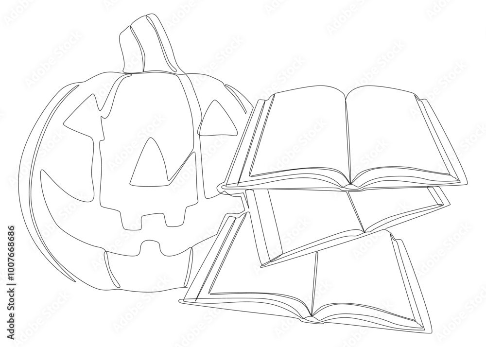 Poster one continuous line of book with halloween jack o' lantern. thin line illustration vector concept. c