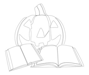 One continuous line of Book with Halloween Jack O' Lantern. Thin Line Illustration vector concept. Contour Drawing Creative ideas.