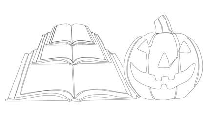 One continuous line of Book with Halloween Jack O' Lantern. Thin Line Illustration vector concept. Contour Drawing Creative ideas.