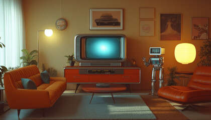 retro vintage television in a 70s living room