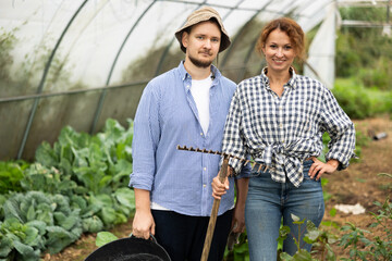 Portrait of man and woman with rakes in hands inside greenhouse with vegetable harvest