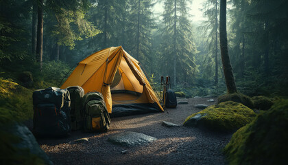 setup of a camp at the base of a forested mountain