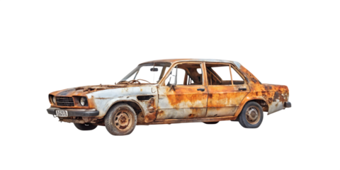 Rusty car isolated on white background as transparent, PNG