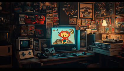 vintage retro bedroom of a gamer boy in the 80s