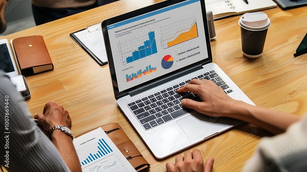 Aufkleber person typing on a laptop with charts and graphs displayed on the screen.
