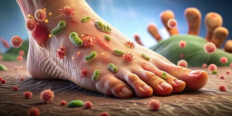 Macroscopic View of Flesh-Eating Bacteria Infection on Human Feet with Visible Skin Damage and Discoloration