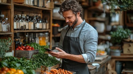Man in apron using phone in organic vegetable market