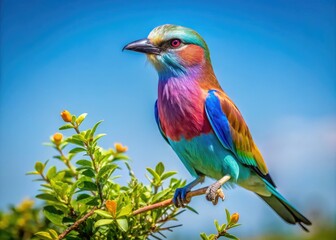 Obraz premium Majestic African Senegal Bird Perched on a Branch Against a Clear Blue Sky in Its Natural Habitat