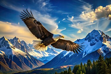 Obraz premium Majestic Bald Eagle in Flight Over Scenic Alaskan Landscape with Mountains and Blue Sky Background