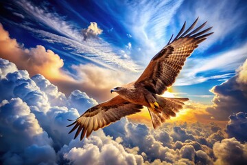 Majestic Bird of Prey Airplane Soars Through Blue Sky with Fluffy White Clouds in the Background