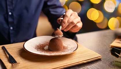 Faceless man eat Mousse au Chocolat in restaurant with bokeh background. France Food.