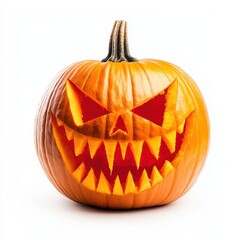 A pumpkin carved into a vampire face with fangs, glowing red from within, Halloween decor, isolated on white background