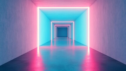 Neon light tunnel with pink and blue glowing lines in a futuristic environment.