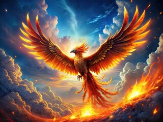 Majestic Fire Bird Soaring Through the Mystic Sky with Fiery Feathers and Glowing Wings of Magic
