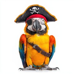 A parrot in a pirate costume, Halloween pet outfit, tiny hat and eye patch, perched confidently, isolated on white background