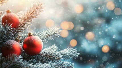 Red Christmas Ornaments on a Snowy Pine Branch