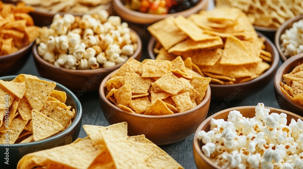 Aufkleber a colorful selection of various snacks displayed in bowls on a table during a casual gathering