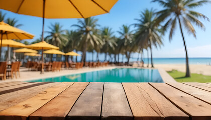 Fototapeta premium wood table Tourist hotel near the beach blur background 