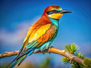 Obraz premium Majestic large bird perched on a branch showcasing vibrant plumage against a clear blue sky