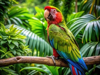 Majestic Military Macaw Perched on a Branch Surrounded by Lush Green Tropical Foliage