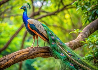 Majestic National Bird of India Perched on a Branch with Vibrant Plumage in Natural Habitat Setting