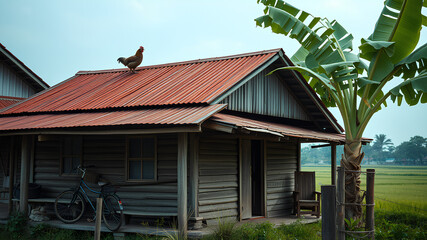 AI image generate dilapidated house on the edge of rice fields