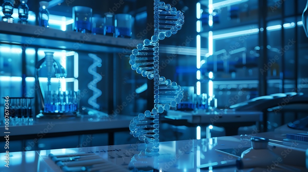 Poster close-up of a dna model in a modern laboratory setting, showcasing the advanced research and technol