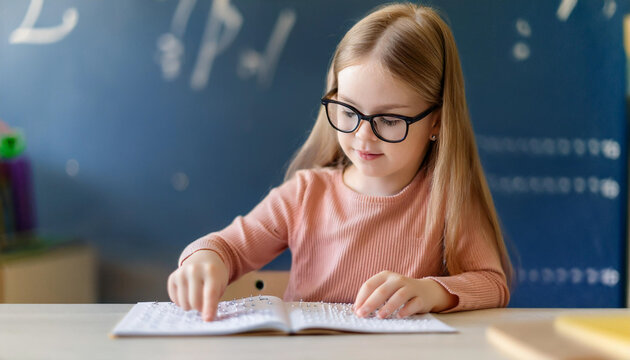 A visually impaired child with glasses participates in practical braille reading exercises at the inclusive school. Accessibility and equality in the classroom. Inclusive education, World Braille Day 
