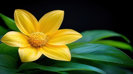 Fototapeta premium Yellow Flower with Green Leaves on Black Background