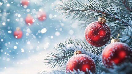 Obraz premium Red Christmas Ornaments on a Snowy Pine Branch