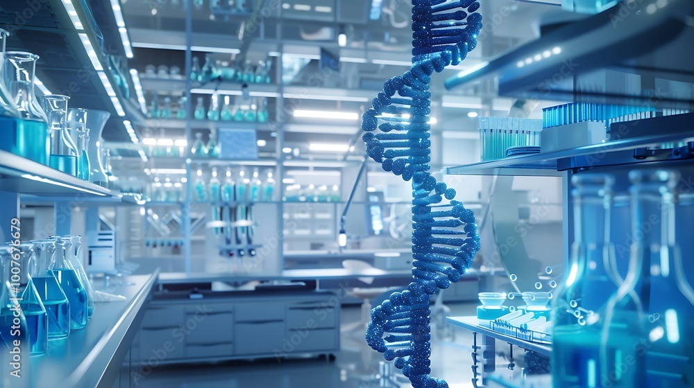 Poster dna helix model inside a modern laboratory setting. the helix is prominently displayed in the foregr