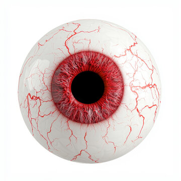 A spooky eyeball clipart, Halloween prop, 3D illustration, realistic detail, white and red, isolated on white background