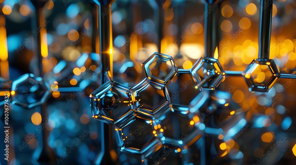 Poster close-up of a metal structure with hexagonal shapes, creating an abstract background that's futurist