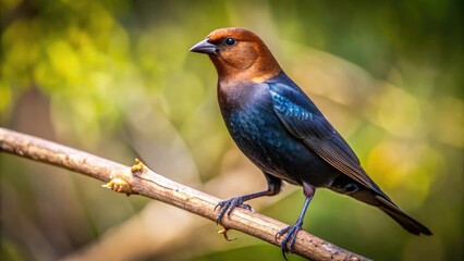 Obraz premium Male Brown-Headed Cowbird Perched on a Branch in Natural Habitat Capturing Nature's Beauty