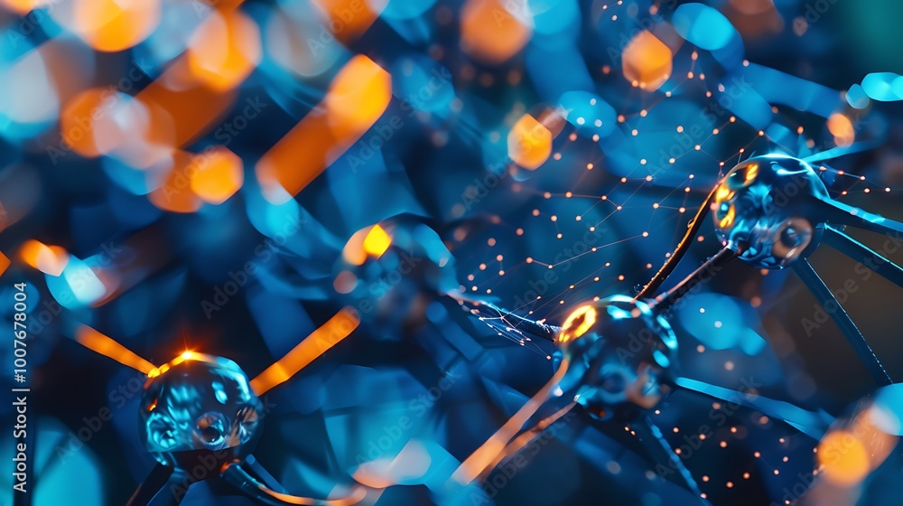 Poster close-up view of a futuristic abstract 3d structure, with glowing orange and blue lights creating a 