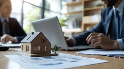 A small model house sits on a desk in front of a businessman working on his laptop.