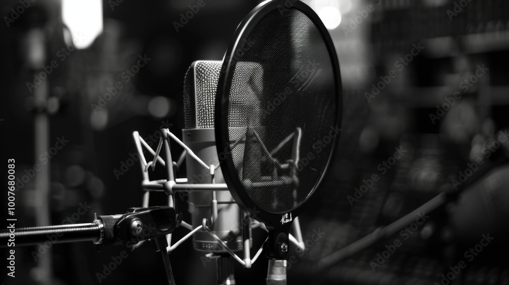 Poster studio microphone with pop filter for recording sessions