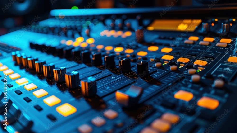 Poster focused view of a sound mixing console with lights