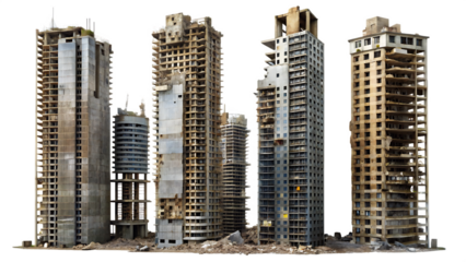 Set of ruined skyscrapers isolated on white background as transparent, PNG .AI GENERATED