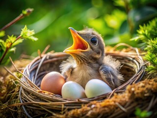 Newly Hatched Baby Bird Emerging from Egg in Nest Surrounded by Soft Nesting Material and Nature