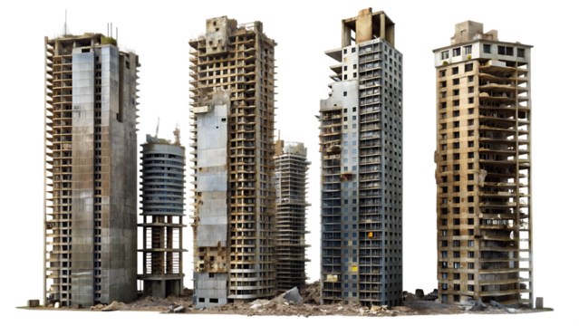 Set of ruined skyscrapers isolated on white background as transparent, PNG .AI GENERATED
