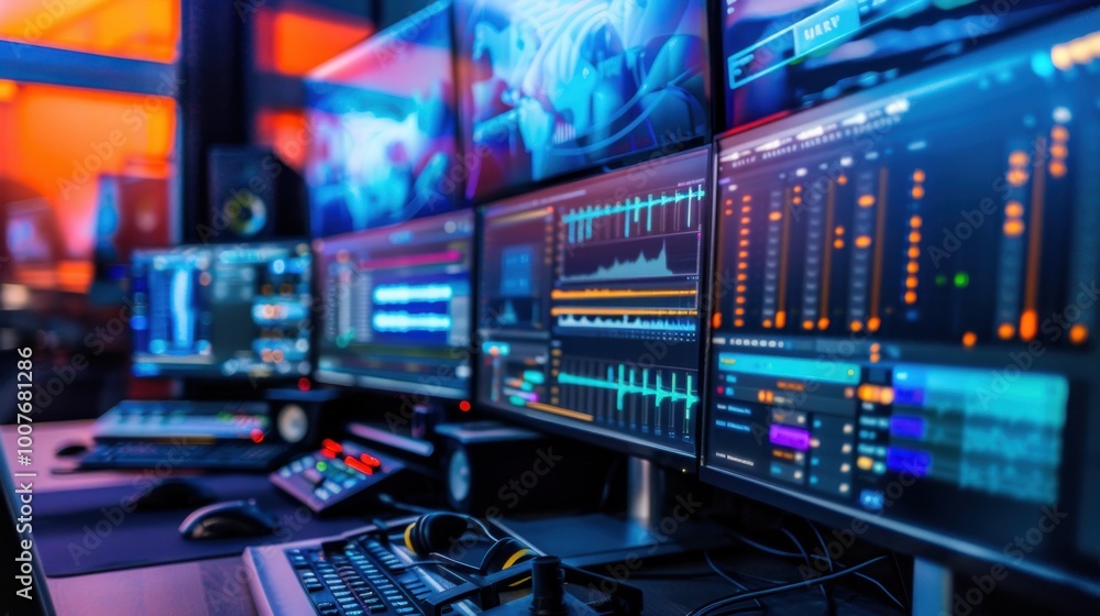 Poster high-tech sound editing studio setup with monitors
