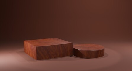Wood podium rendered with brown background and perfect lighting and texture shaped square and circle.