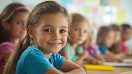 Fototapeta na wymiar A smiling school girl in a blue t-shirt sits at her desk with her classmates in the background.