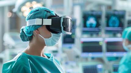 Surgeon in hospital operating room wearing VR headset for exploring future of medicine with advanced technology and innovative surgical training and healthcare concept.