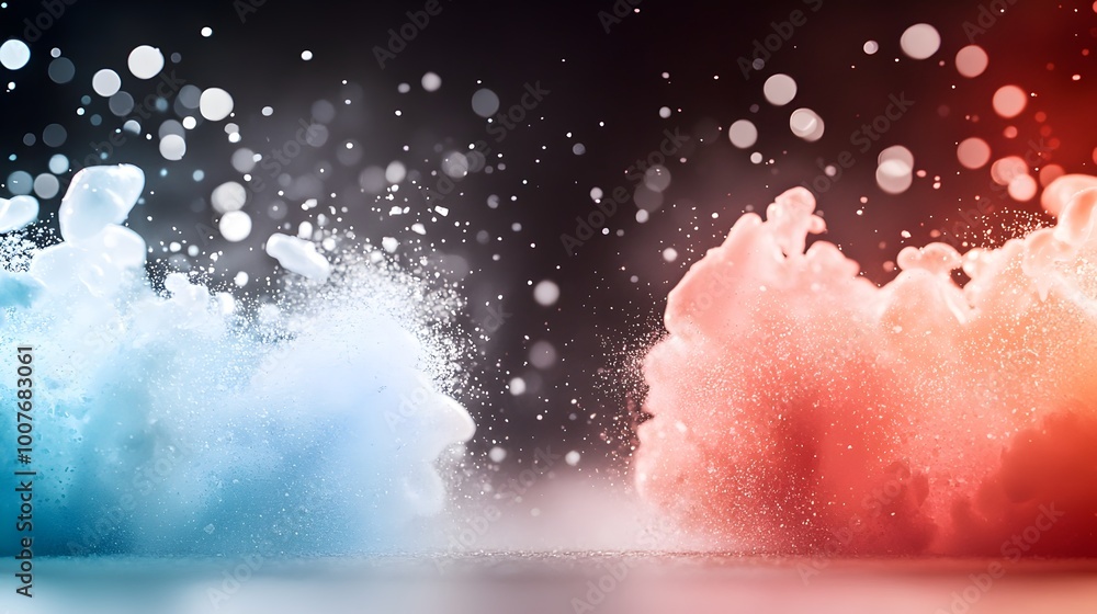 Poster dynamic contrast of fiery reds and cool blues - dramatic lighting and textures creating explosive mo
