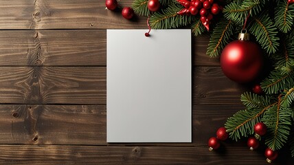 Obraz premium Greeting card christmas mockup with fir tree branches on dark wooden background