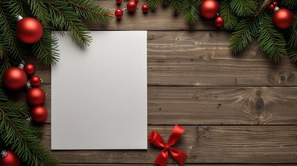 Greeting card christmas mockup with fir tree branches on dark wooden background