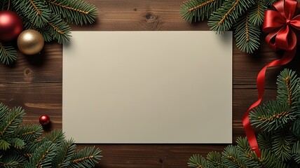 Greeting card christmas mockup with fir tree branches on dark wooden background